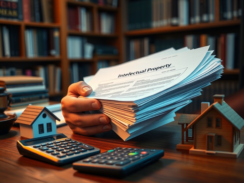 На столе лежат документы по интеллектуальной собственности, калькуляторы и миниатюры домов.