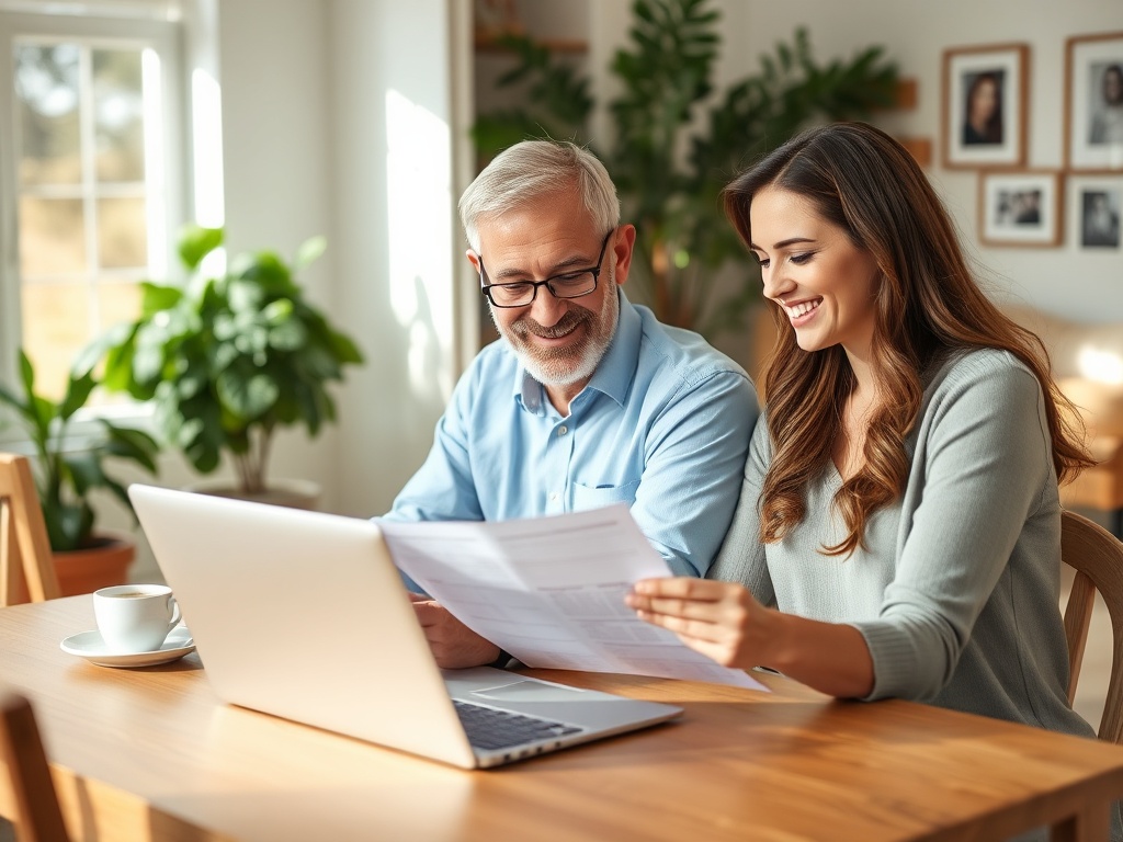 На изображении мужчина и женщина обсуждают документы за столом с ноутбуком, солнечный день.