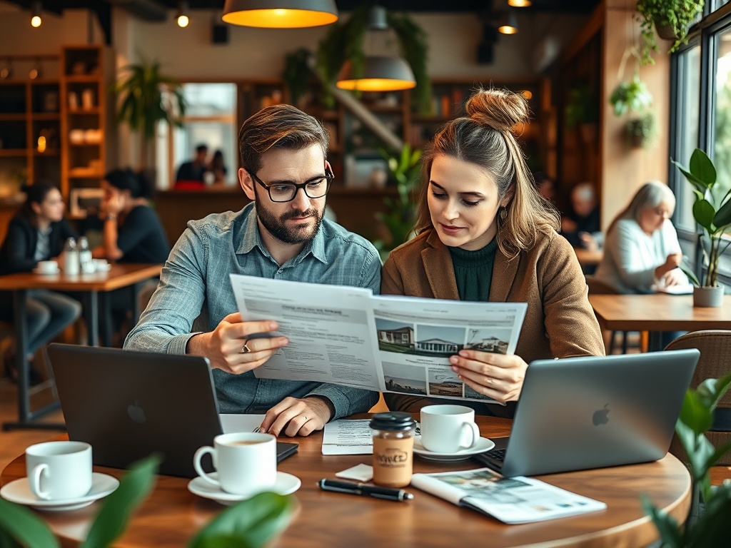 Два человека в кафе рассматривают документы, на столе кофе и ноутбуки, вокруг растительность.