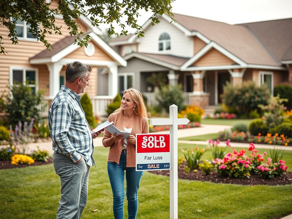 На фоне продажного знака пара обсуждает недвижимость у красивого дома с садом.