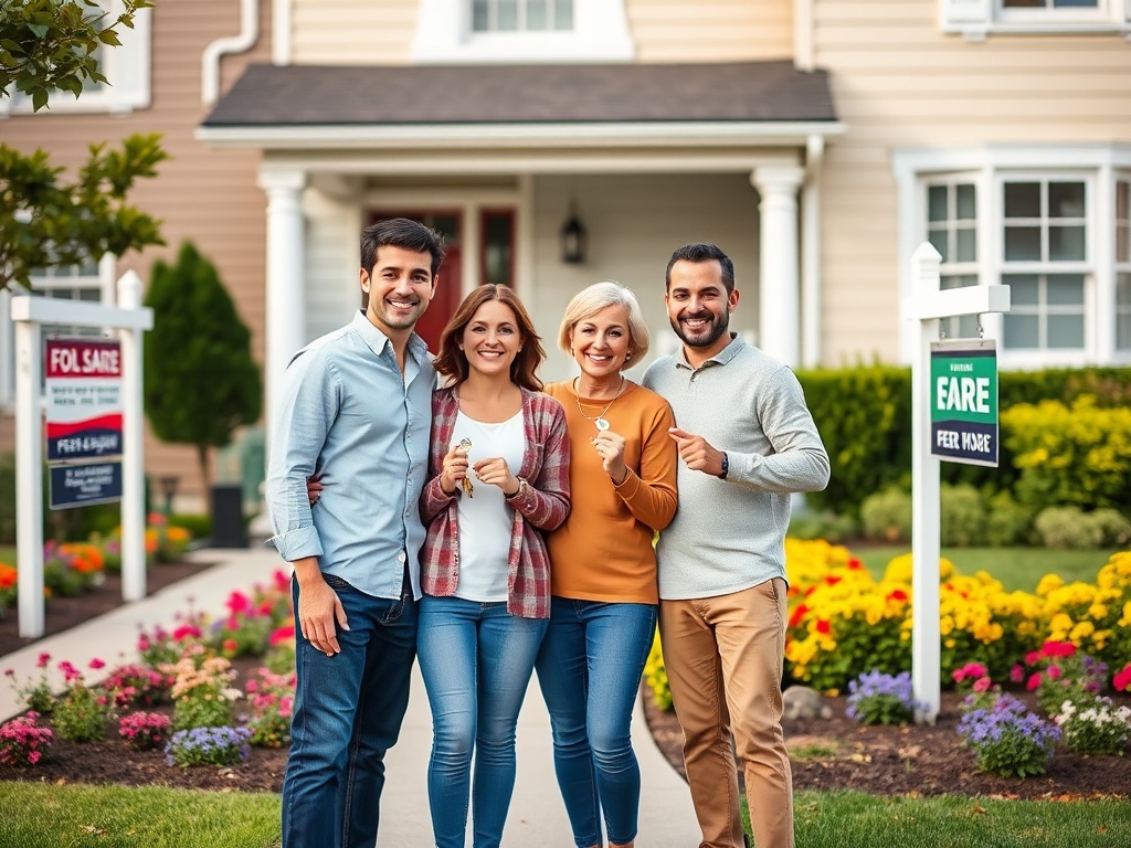 Счастливая группа людей с ключами от нового дома на фоне цветников и вывески "Продажа".
