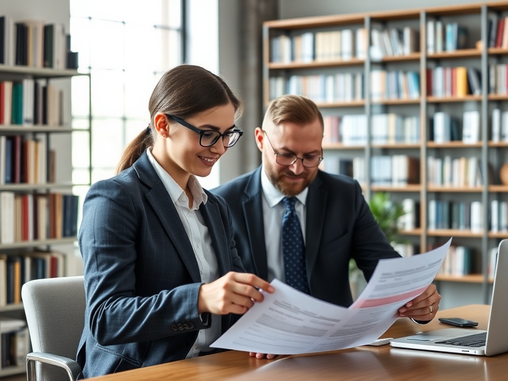 Два человека в деловых костюмах обсуждают документы за столом в офисе. На фоне книги и компьютер.