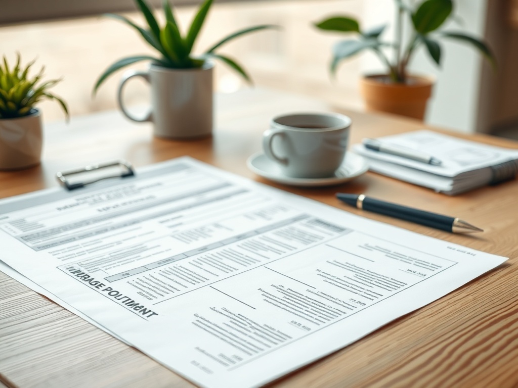 На столе лежит резюме, рядом чашка кофе и блокнот с ручкой, зеленые растения в горшках.