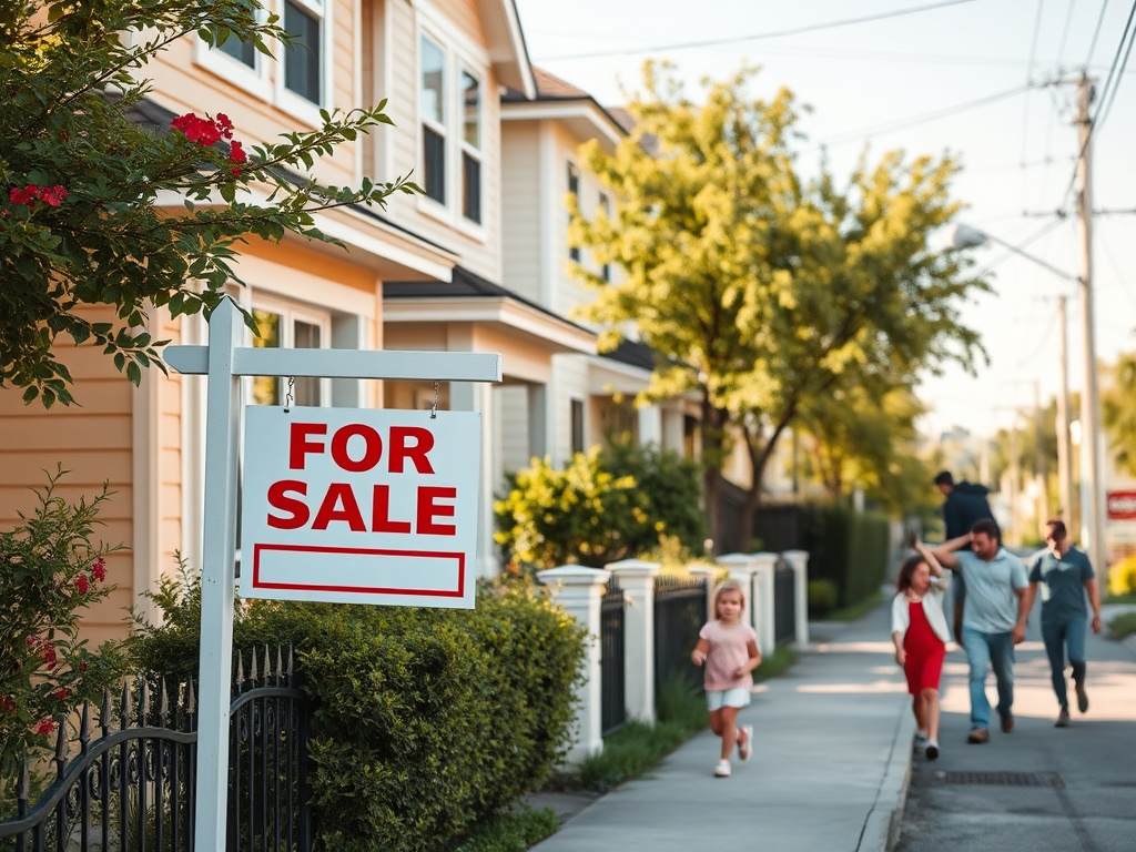 На улице стоят дома, выставленные на продажу. Семья прогуливается по тротуару в солнечный день.