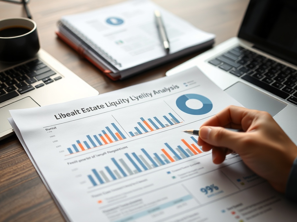 На столе документы с анализом ликвидности недвижимости и графиками, ручка и чашка кофе.