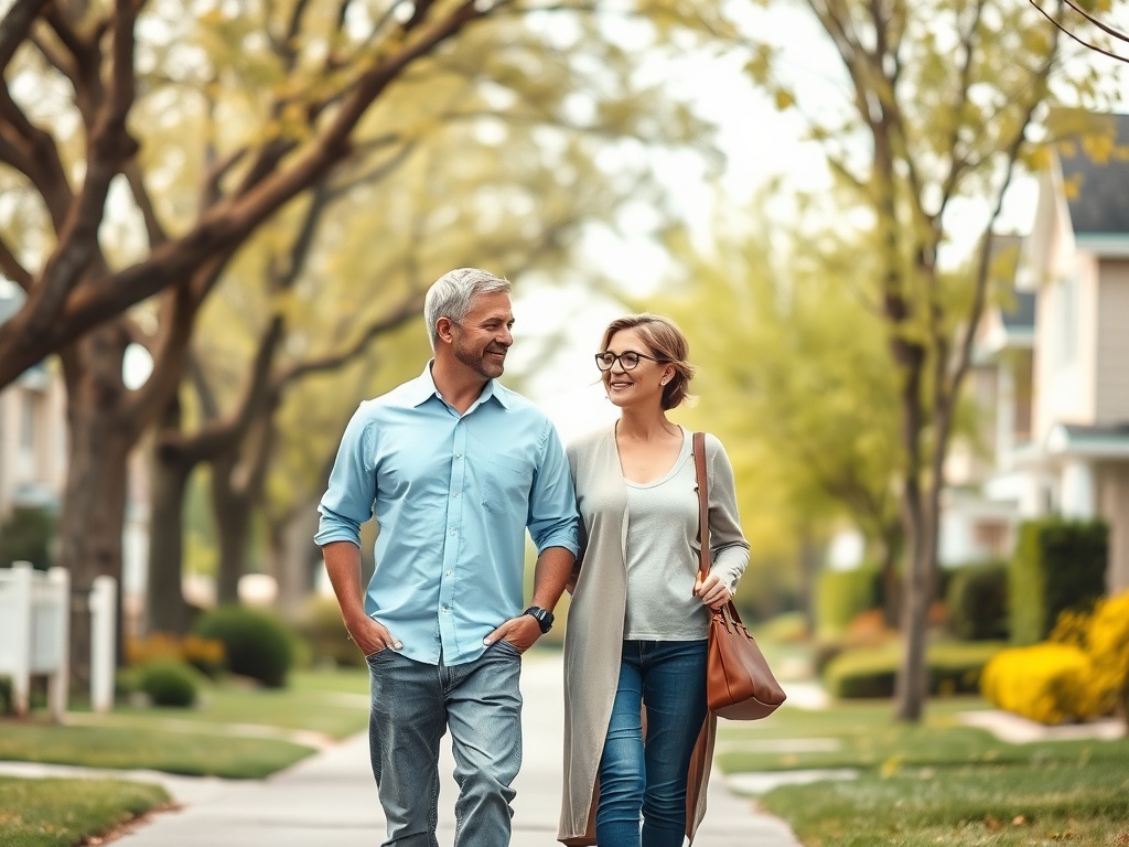 Пара гуляет по живописной улице с зелеными деревьями, наслаждаясь временем вместе.